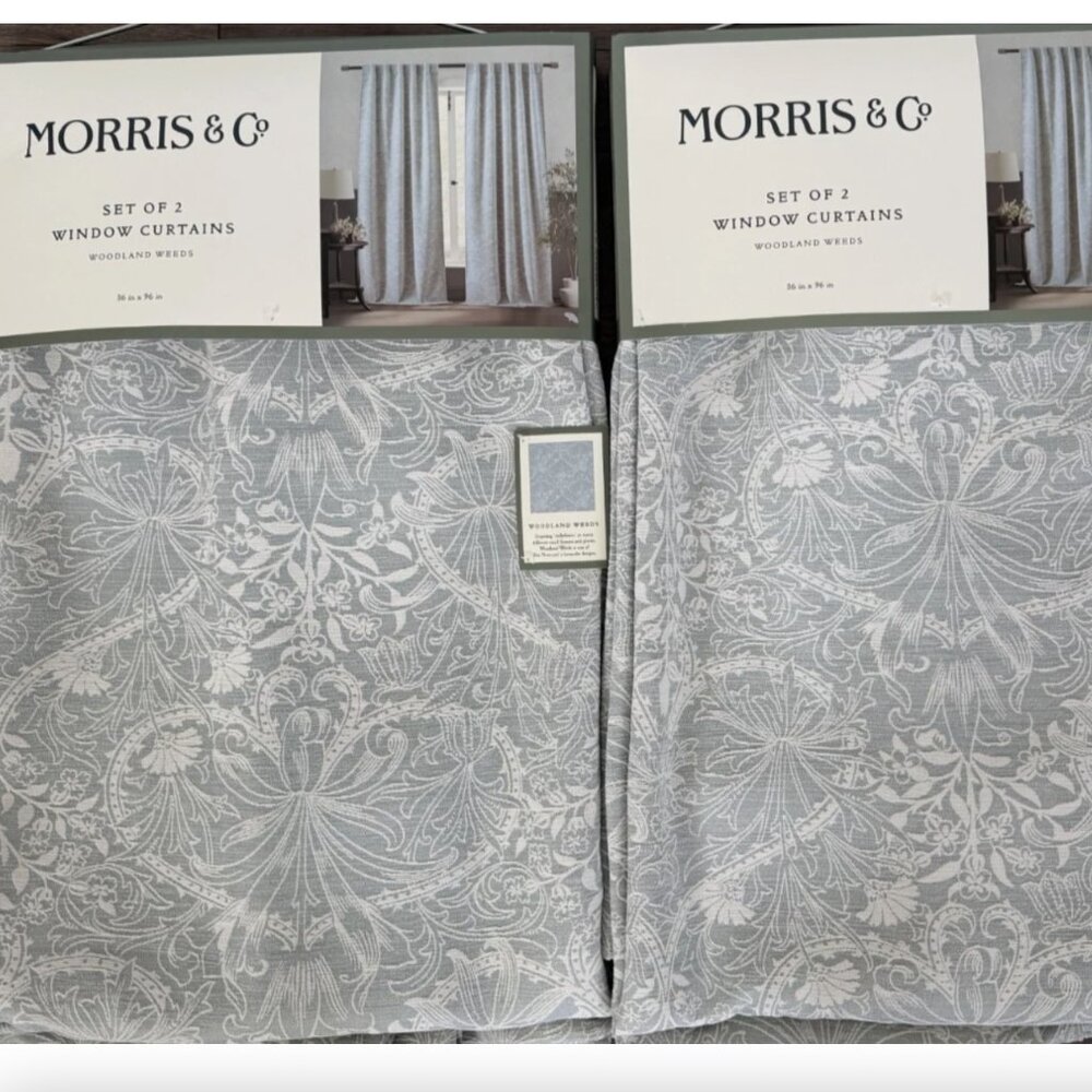 x4 Morris & Co Woodland Weeds Curtains Drapes 36x96 Set Light Dusty Teal Blue